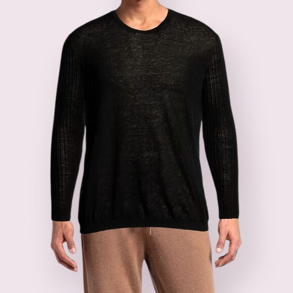 JOHN VARVATOS Black Linen Open Knit Sweater Size L Crewneck Ribbed Arms - Picture 1 of 11